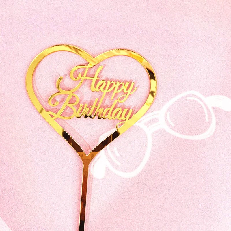 Decoratiune Topper pentru Tort, Flippy, Model Inimioara Scris Happy Birthday, Tematica Aniversare, Auriu [5]