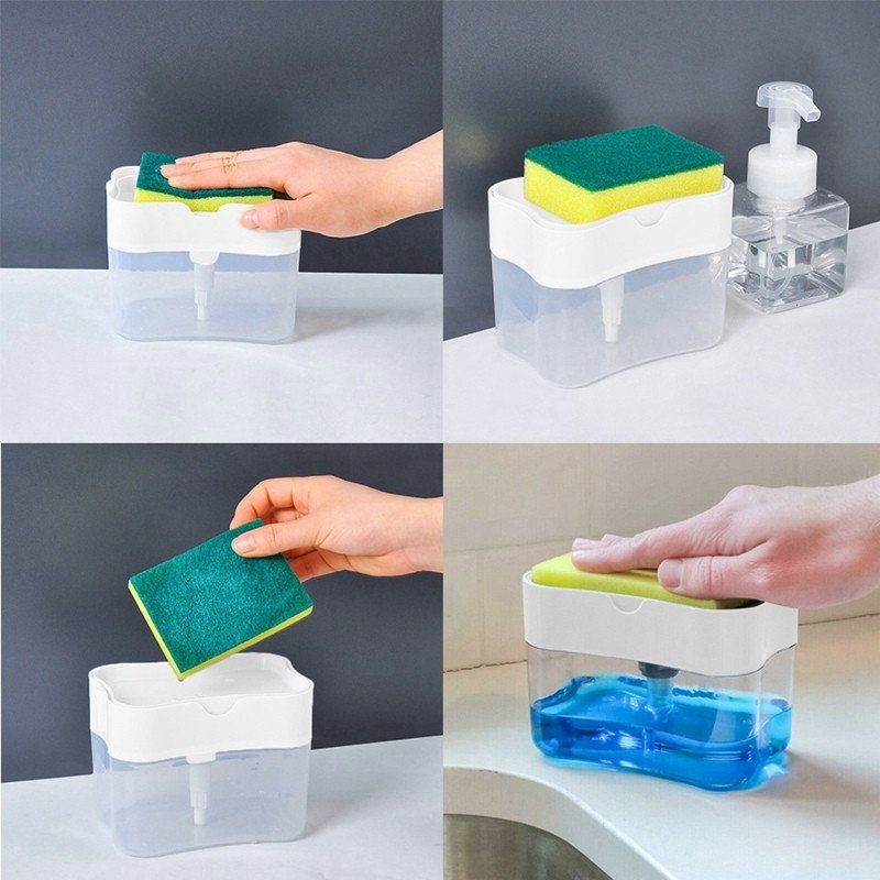 Dozator Flippy, Dispenser 2 in 1 pentru Detergent Lichid de Vase sau pentru Obiecte Sanitare cu Suport pentru Burete de Bucatarie ,14 x 10.5 x 10 cm, capacitate 380 ml, alb [2]