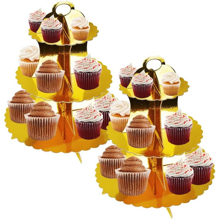 Etajera pentru Prajituri, Flippy, din Carton, 3 Nivele, 16/22/29 cm Diametru, Inaltime 38 cm, Auriu [2]