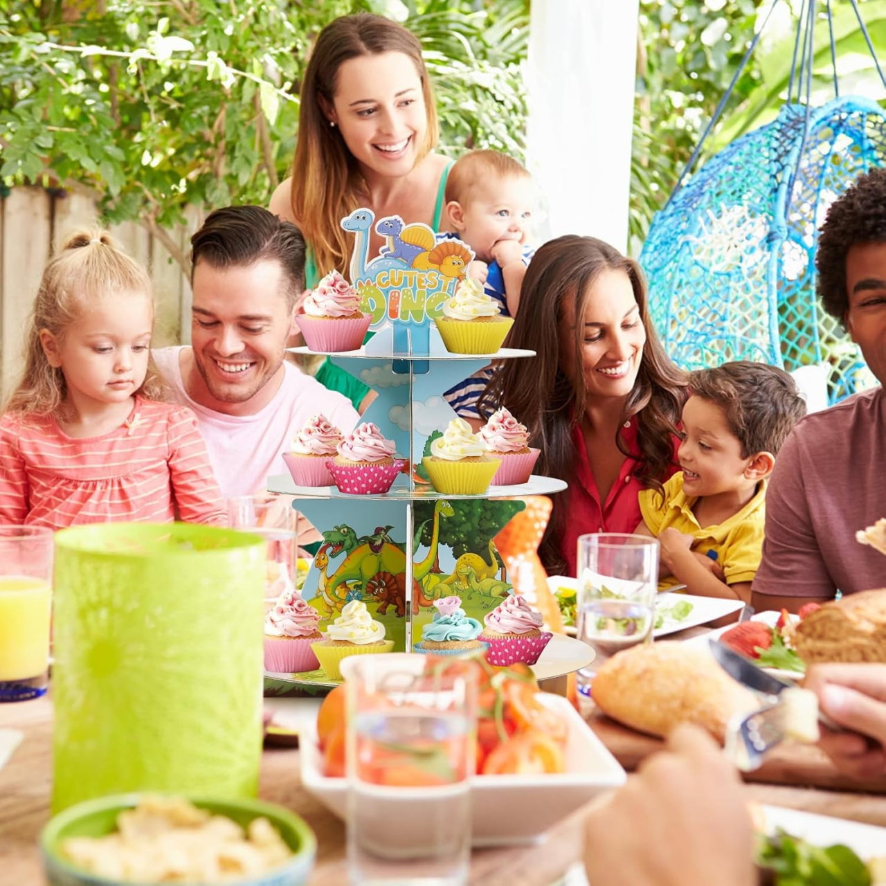 Etajera pentru Prajituri, Flippy, din Carton, 3 Nivele, 16/22/29 cm Diametru, Inaltime 38 cm, Tema Dinozauri Dino, Multicolor [3]