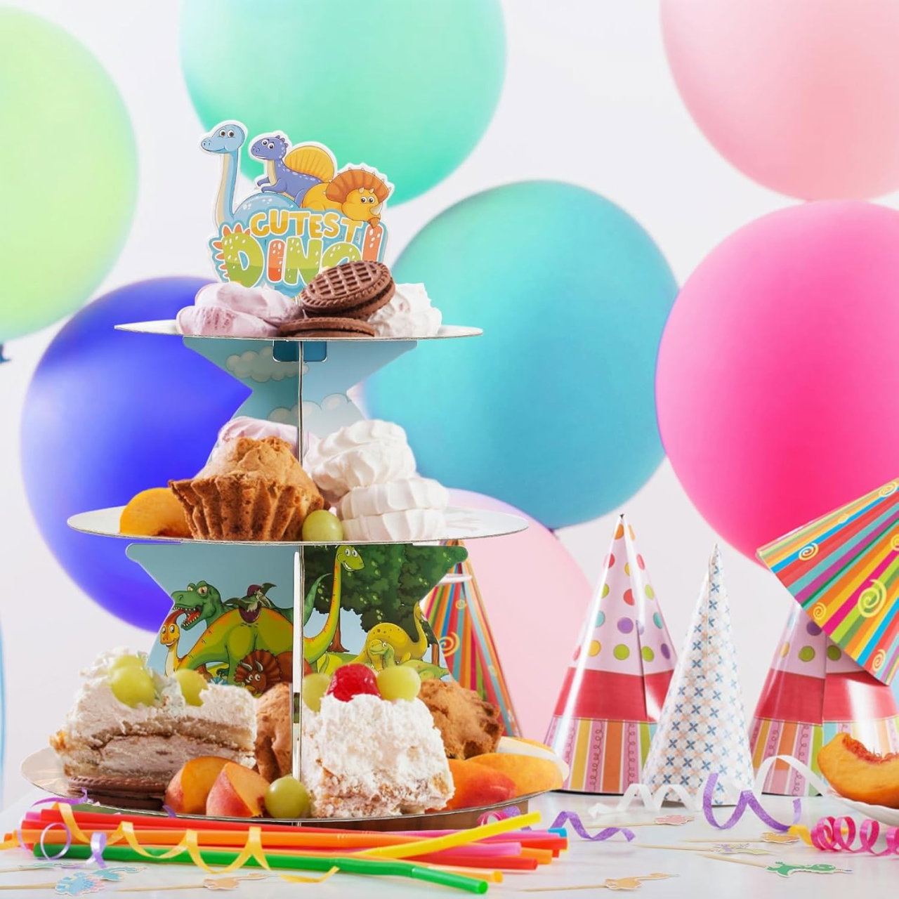 Etajera pentru Prajituri, Flippy, din Carton, 3 Nivele, 16/22/29 cm Diametru, Inaltime 38 cm, Tema Dinozauri Dino, Multicolor [2]