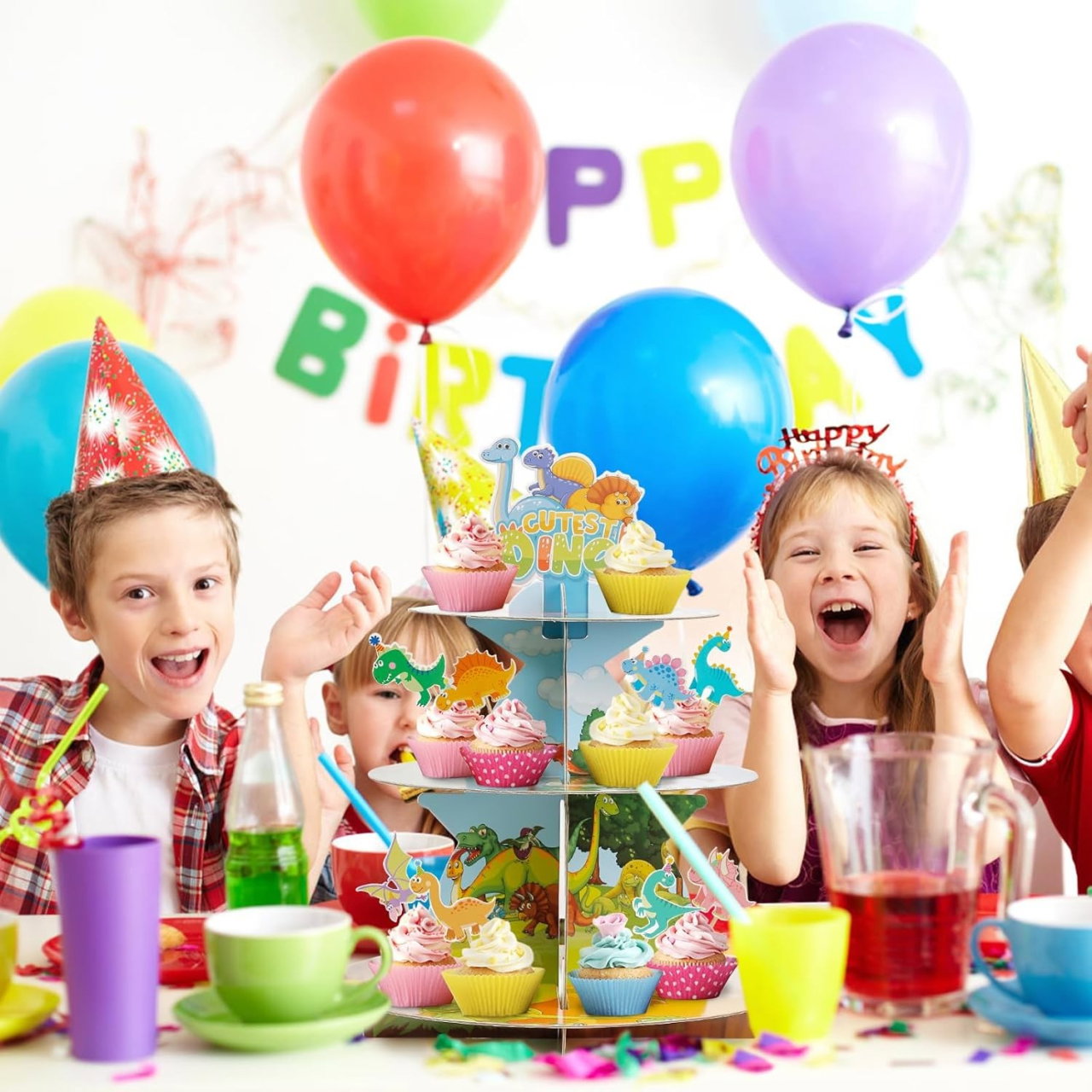 Etajera pentru Prajituri, Flippy, din Carton, 3 Nivele, 16/22/29 cm Diametru, Inaltime 38 cm, Tema Dinozauri Dino, Multicolor [4]