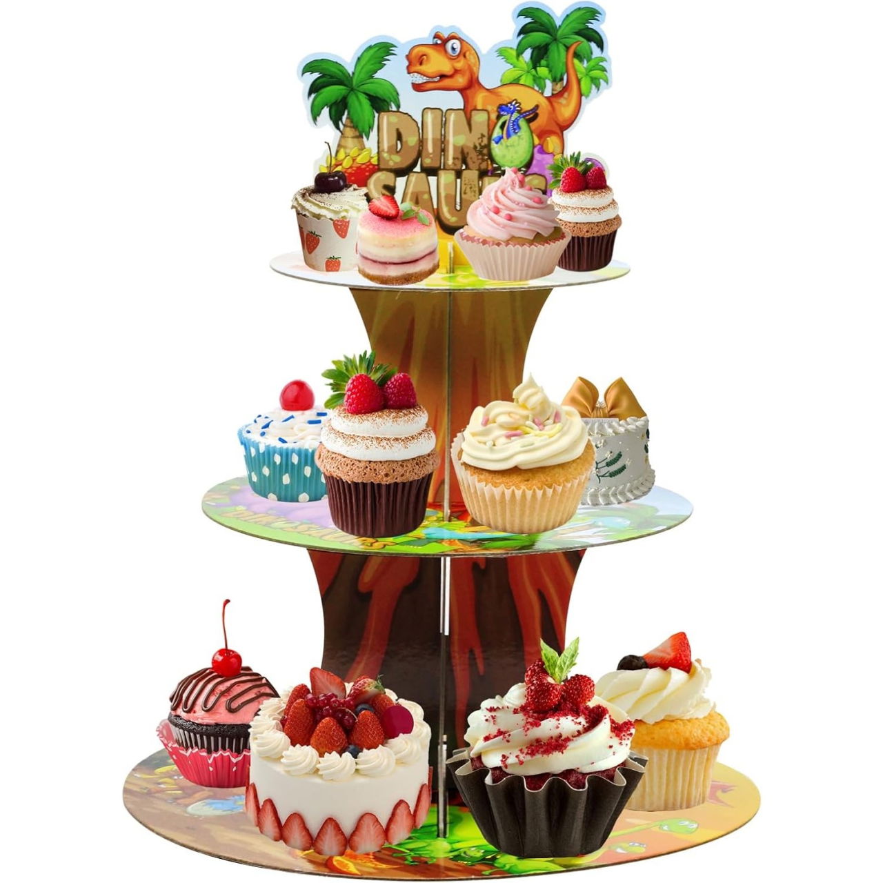 Etajera pentru Prajituri, Flippy, din Carton, 3 Nivele, 16/22/29 cm Diametru, Inaltime 38 cm, Tema Dinozauri, Multicolor [3]