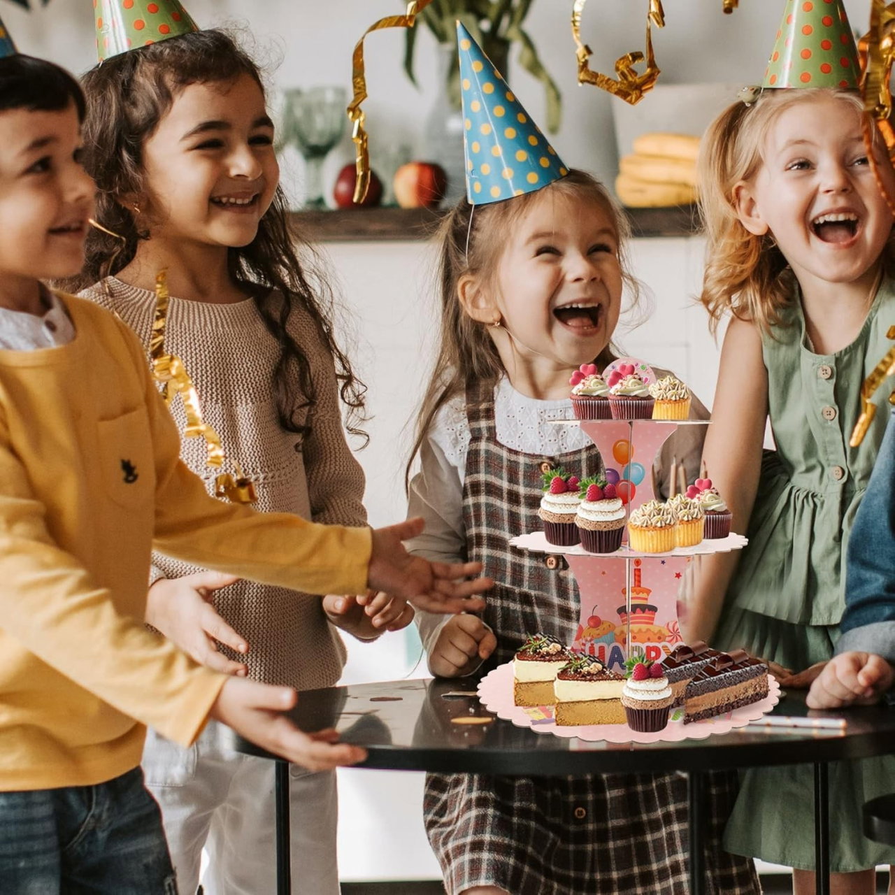 Etajera pentru Prajituri, Flippy, din Carton, 3 Nivele, 16/22/29 cm Diametru, Inaltime 38 cm, Tema Happy Birthday, Roz [3]