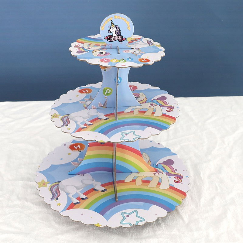 Etajera pentru Prajituri, Flippy, din Carton, 3 Nivele, 16/22/29 cm Diametru, Inaltime 38 cm, Tema Unicorni, Multicolor [2]