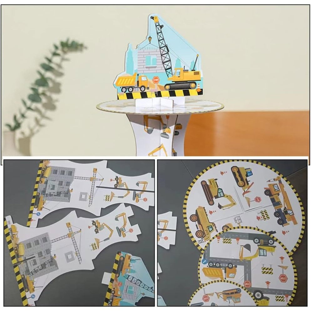 Etajera pentru Prajituri, Flippy, din Carton, 3 Nivele, 16/22/29 cm Diametru, Inaltime 38 cm, Tema Utilaje de Santier, Multicolor [3]