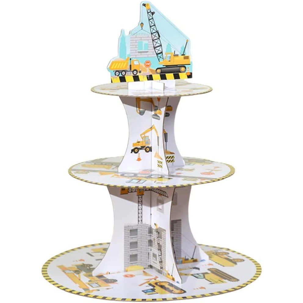 Etajera pentru Prajituri, Flippy, din Carton, 3 Nivele, 16/22/29 cm Diametru, Inaltime 38 cm, Tema Utilaje de Santier, Multicolor [5]