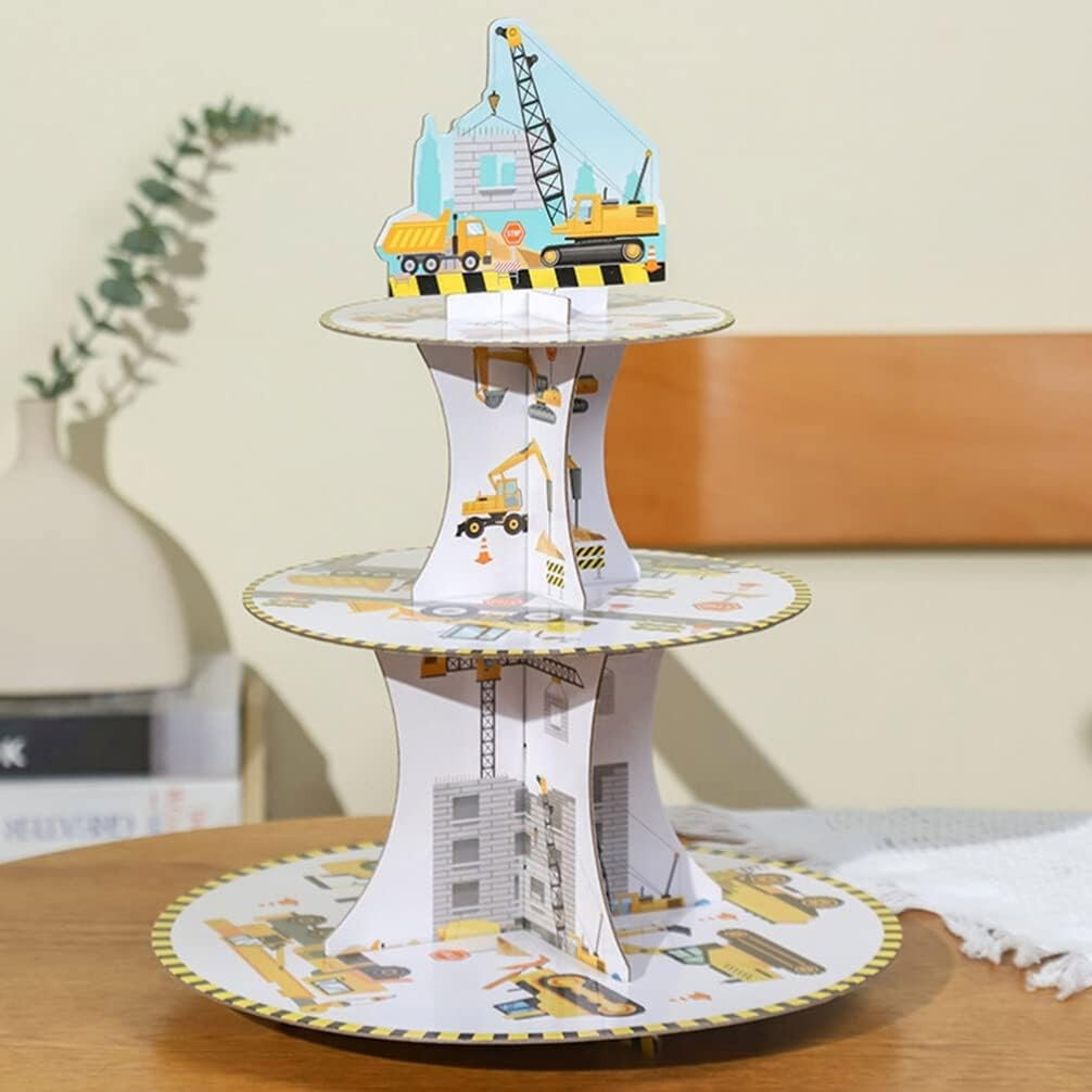 Etajera pentru Prajituri, Flippy, din Carton, 3 Nivele, 16/22/29 cm Diametru, Inaltime 38 cm, Tema Utilaje de Santier, Multicolor [4]