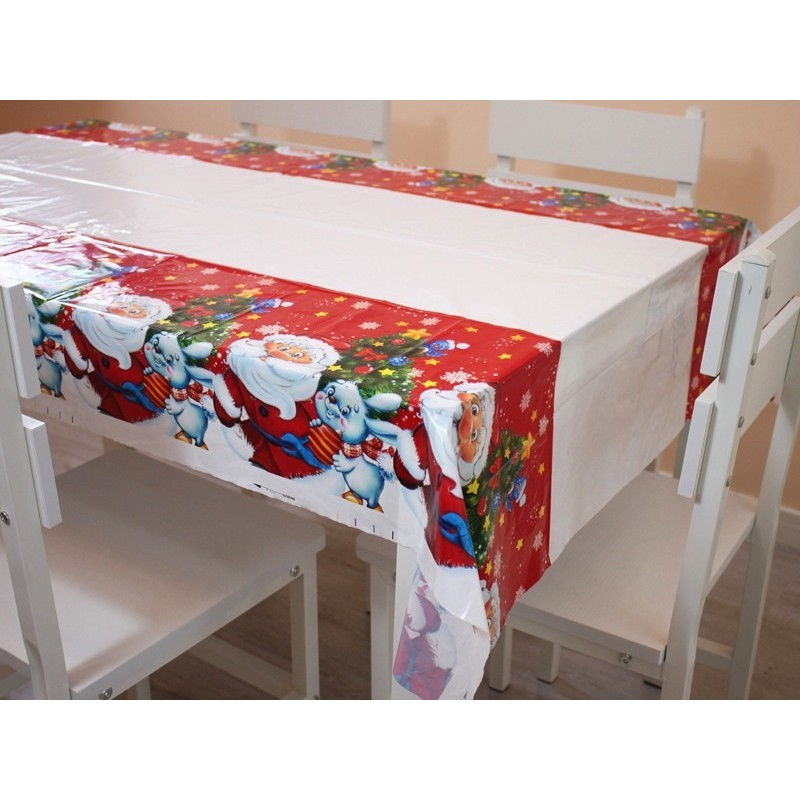 Fata de masa dreptunghiulara Flippy, PVC, 2.5 mm grosime, imprimeu Mos Craciun cu iepuras, potrivit pentru Craciun, utilizare multipla, 180 x 108 cm, alb [8]