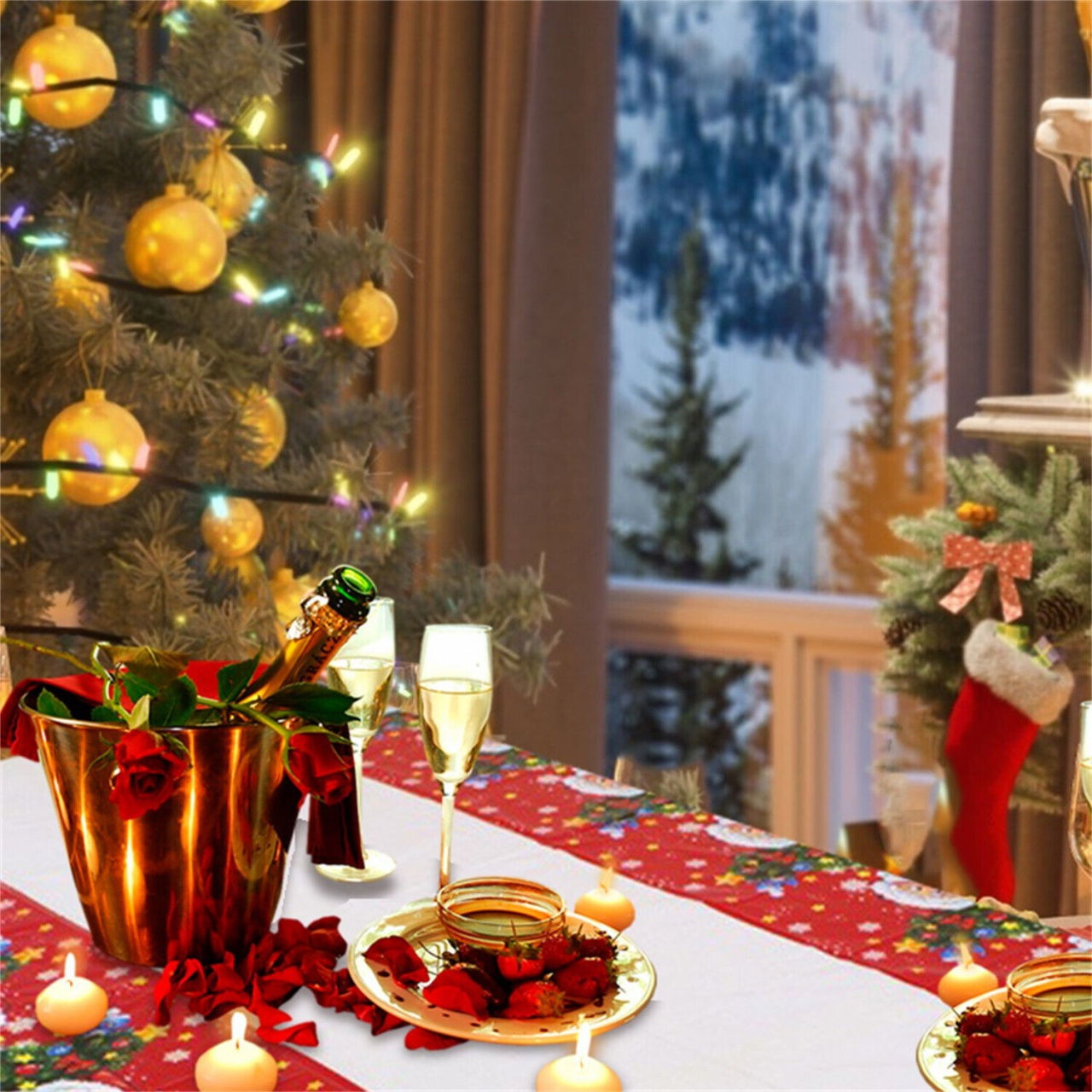 Fata de masa dreptunghiulara Flippy, PVC, 2.5 mm grosime, imprimeu Mos Craciun cu iepuras, potrivit pentru Craciun, utilizare multipla, 180 x 108 cm, alb [2]