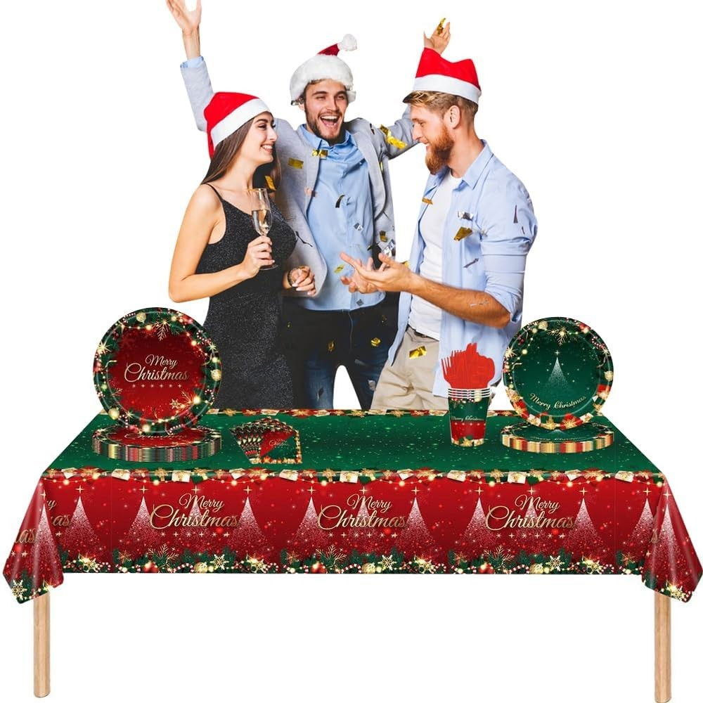 Fata de Masa Festiva, Flippy, Dreptunghiulara, Imprimeu Merry Christmas, Tema Craciun, Rezistenta la Apa, din PVC, 137 x 274 cm, Rosu/Verde [3]