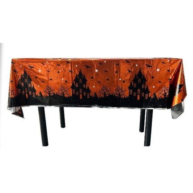 Fata de Masa, Flippy, din Folie, Imprimeu Halloween - Casa Bantuita, 137 x 183 cm, Portocaliu [4]