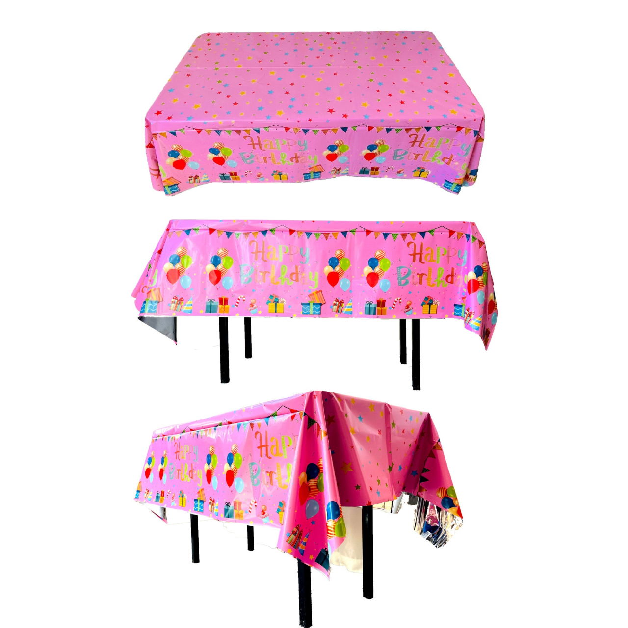 Fata de Masa, Flippy, din Folie, Imprimeu Happy Birthday cu Baloane, 137 x 274 cm, Roz [3]