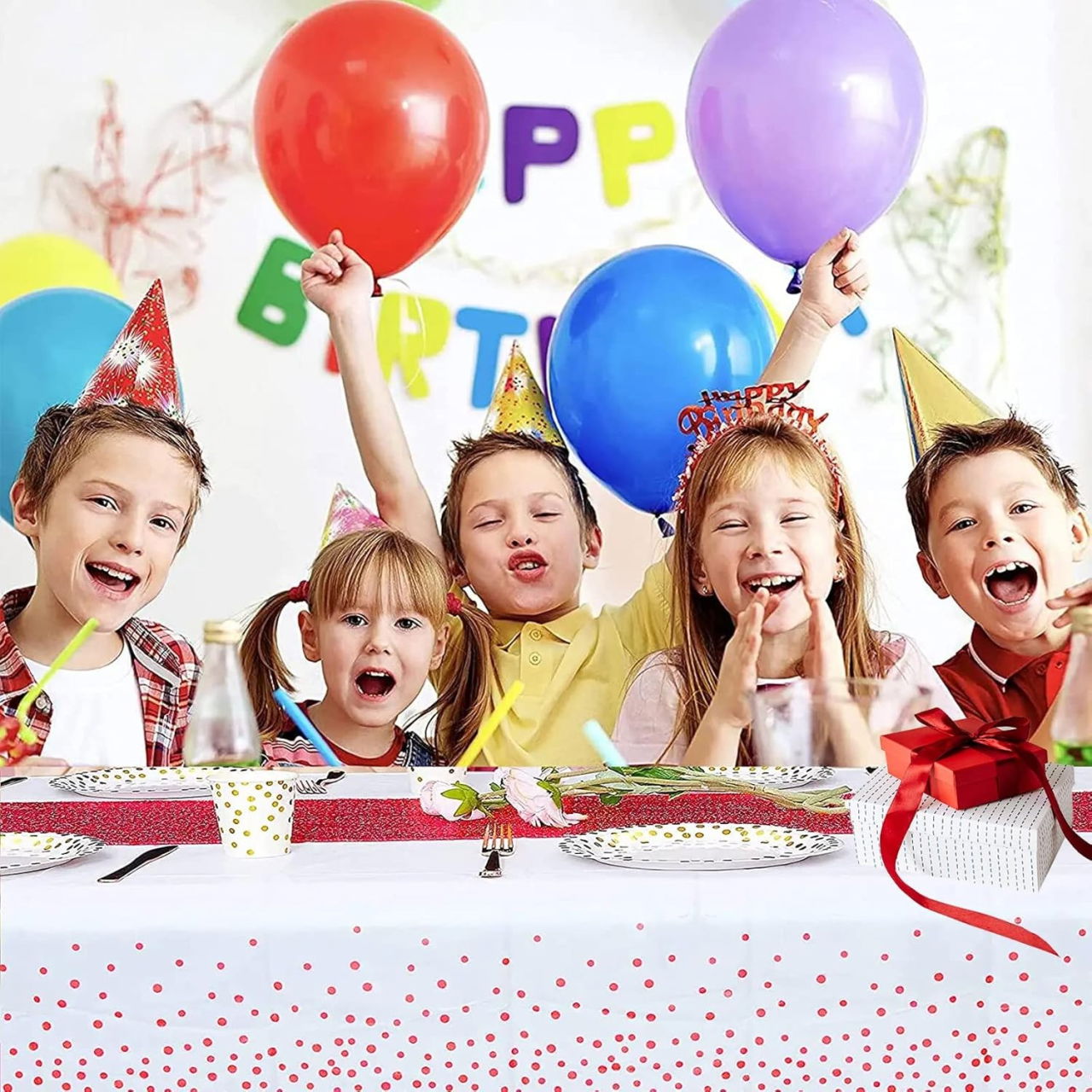 Fata de Masa, Flippy, din PEVA, Imprimeu Buline, 137 x 274 cm, Impermeabila, Fara Pete, Curatare Rapida, Rosu [3]