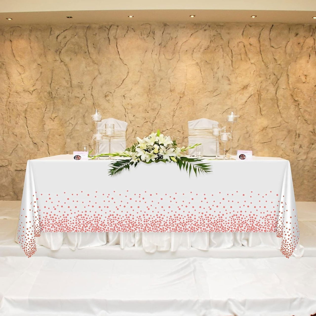 Fata de Masa, Flippy, din PEVA, Imprimeu Buline, 137 x 274 cm, Impermeabila, Fara Pete, Curatare Rapida, Roz Gold [3]