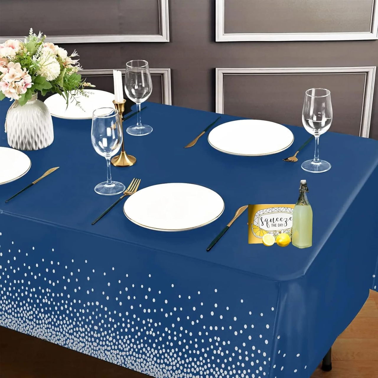 Fata de Masa, Flippy, din PEVA, Imprimeu Buline Argintii, 137 x 274 cm, Impermeabila, Fara Pete, Curatare Rapida, Albastru Inchis [5]