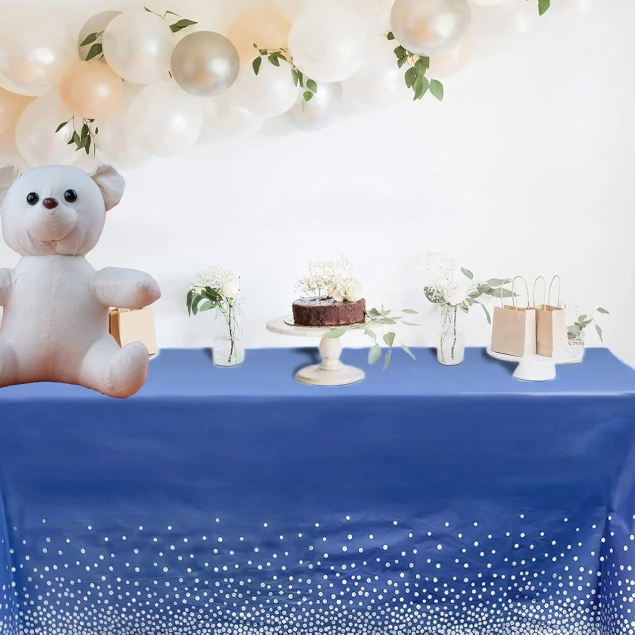 Fata de Masa, Flippy, din PEVA, Imprimeu Buline Argintii, 137 x 274 cm, Impermeabila, Fara Pete, Curatare Rapida, Albastru Inchis [3]