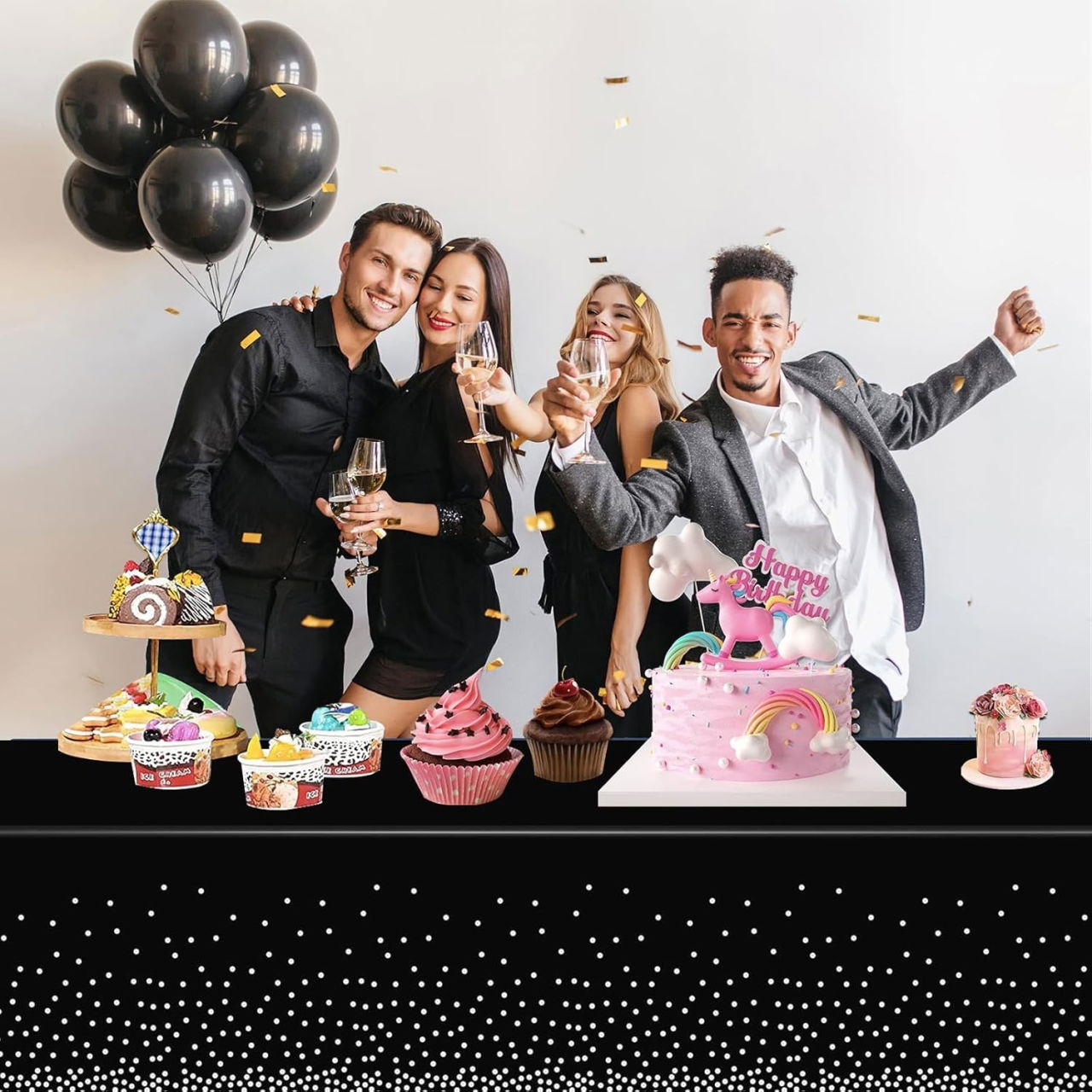 Fata de Masa, Flippy, din PEVA, Imprimeu Buline Argintii, 137 x 274 cm, Impermeabila, Fara Pete, Curatare Rapida, Negru [3]