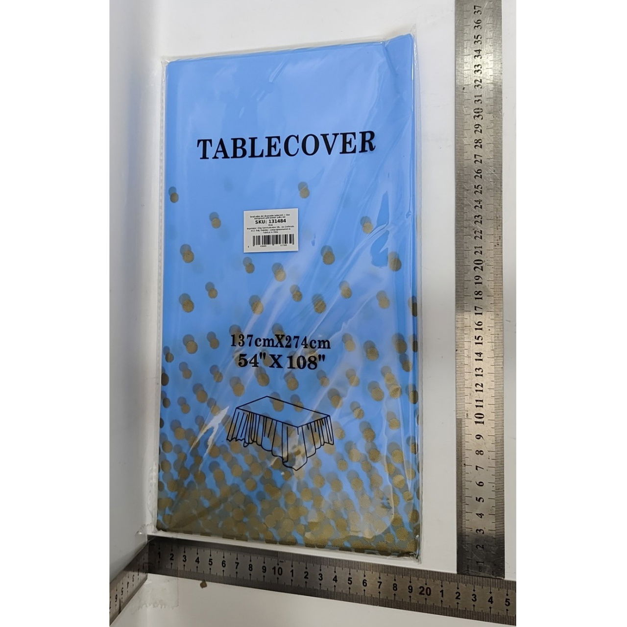 Fata de Masa, Flippy, din PEVA, Imprimeu Buline Aurii, 137 x 274 cm, Impermeabila, Fara Pete, Curatare Rapida, Albastru [5]