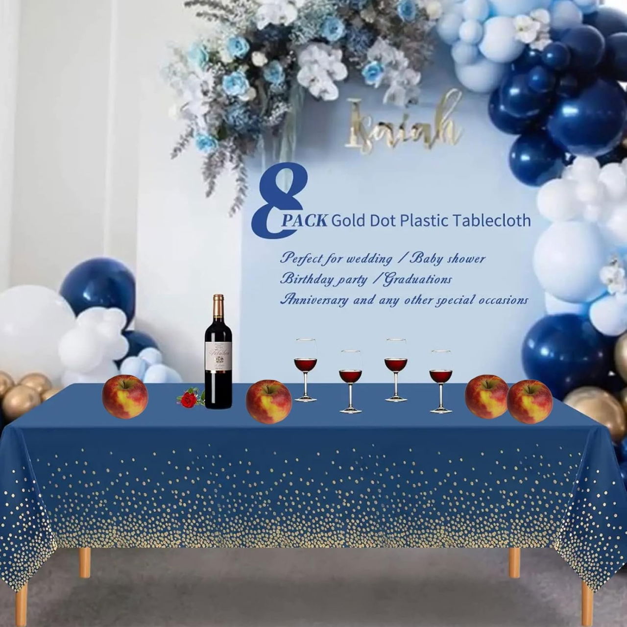 Fata de Masa, Flippy, din PEVA, Imprimeu Buline Aurii, 137 x 274 cm, Impermeabila, Fara Pete, Curatare Rapida, Albastru Inchis [5]