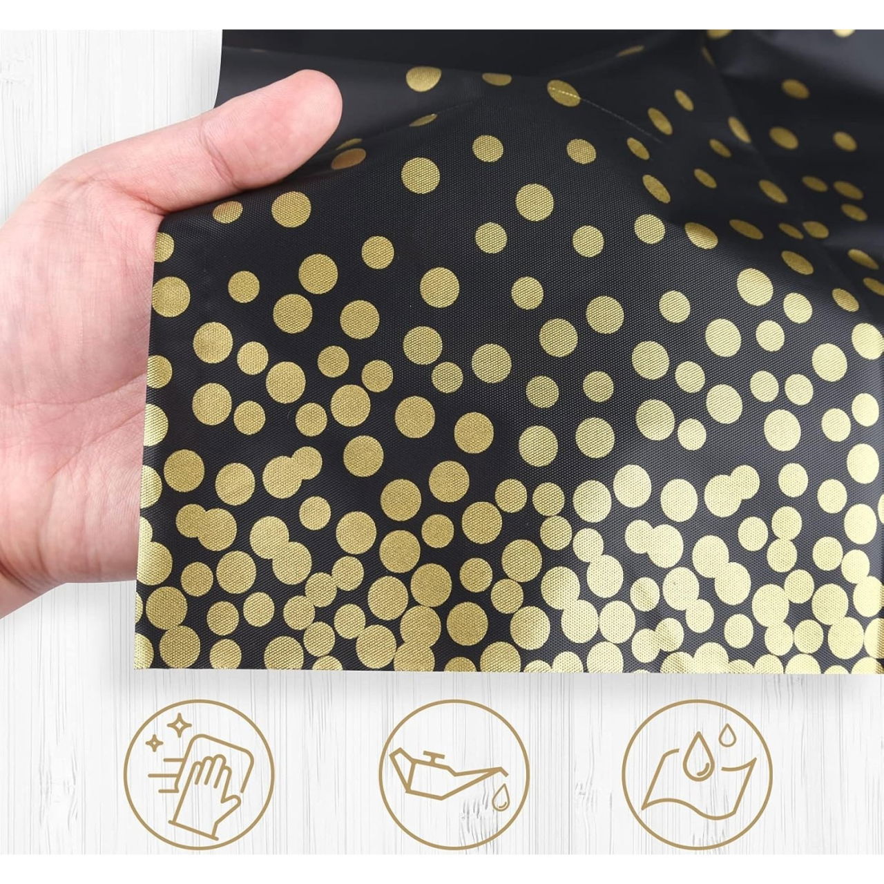 Fata de Masa, Flippy, din PEVA, Imprimeu Buline Aurii, 137 x 274 cm, Impermeabila, Fara Pete, Curatare Rapida, Negru [2]