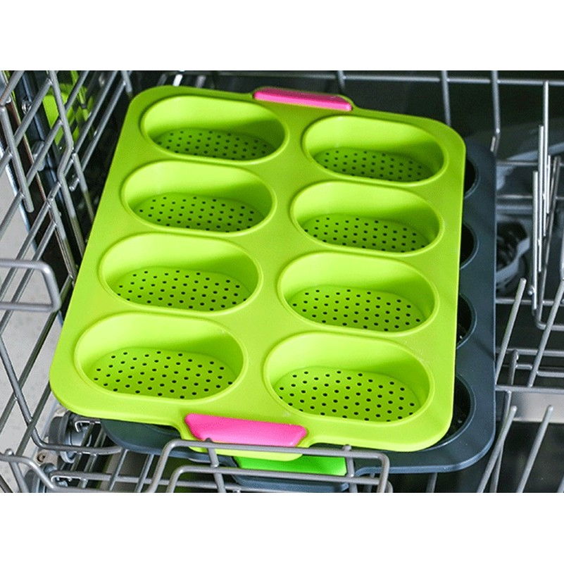 Forme de Silicon pentru Copt, Flippy, 8 Forme Ovale, pentru Paine si Prajituri, 34.5 x 23.8 x 2.5 cm, Verde/Roz [7]