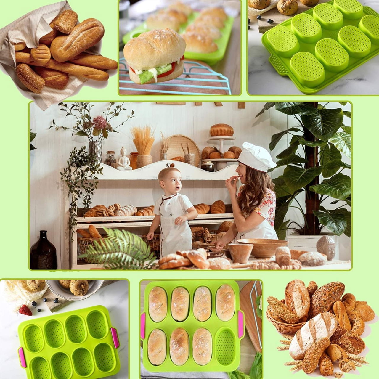 Forme de Silicon pentru Copt, Flippy, 8 Forme Ovale, pentru Paine si Prajituri, 34.5 x 23.8 x 2.5 cm, Verde/Roz [4]