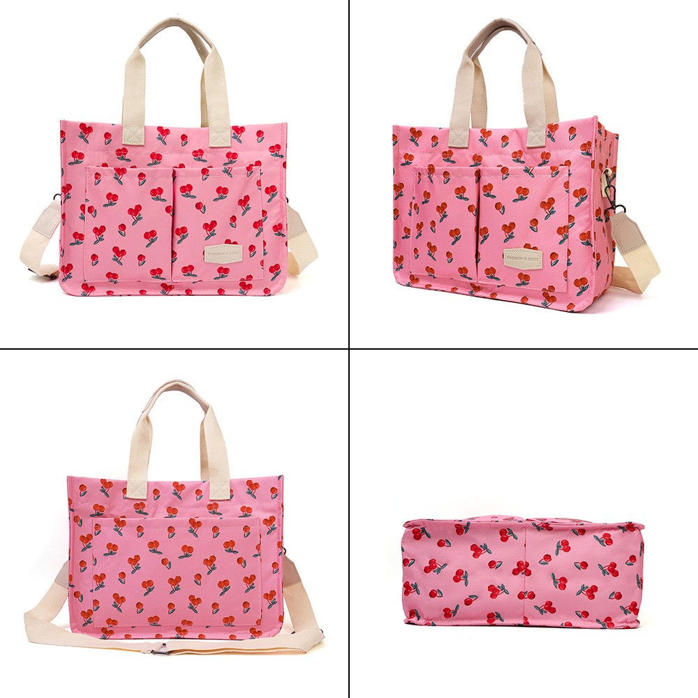 Geanta de Mana/Umar, Multifunctionala, Flippy, Inchidere cu Capsa, Imprimeu Cirese, Material Textil, 33.5 x 25 x 14.5 cm, Roz [5]