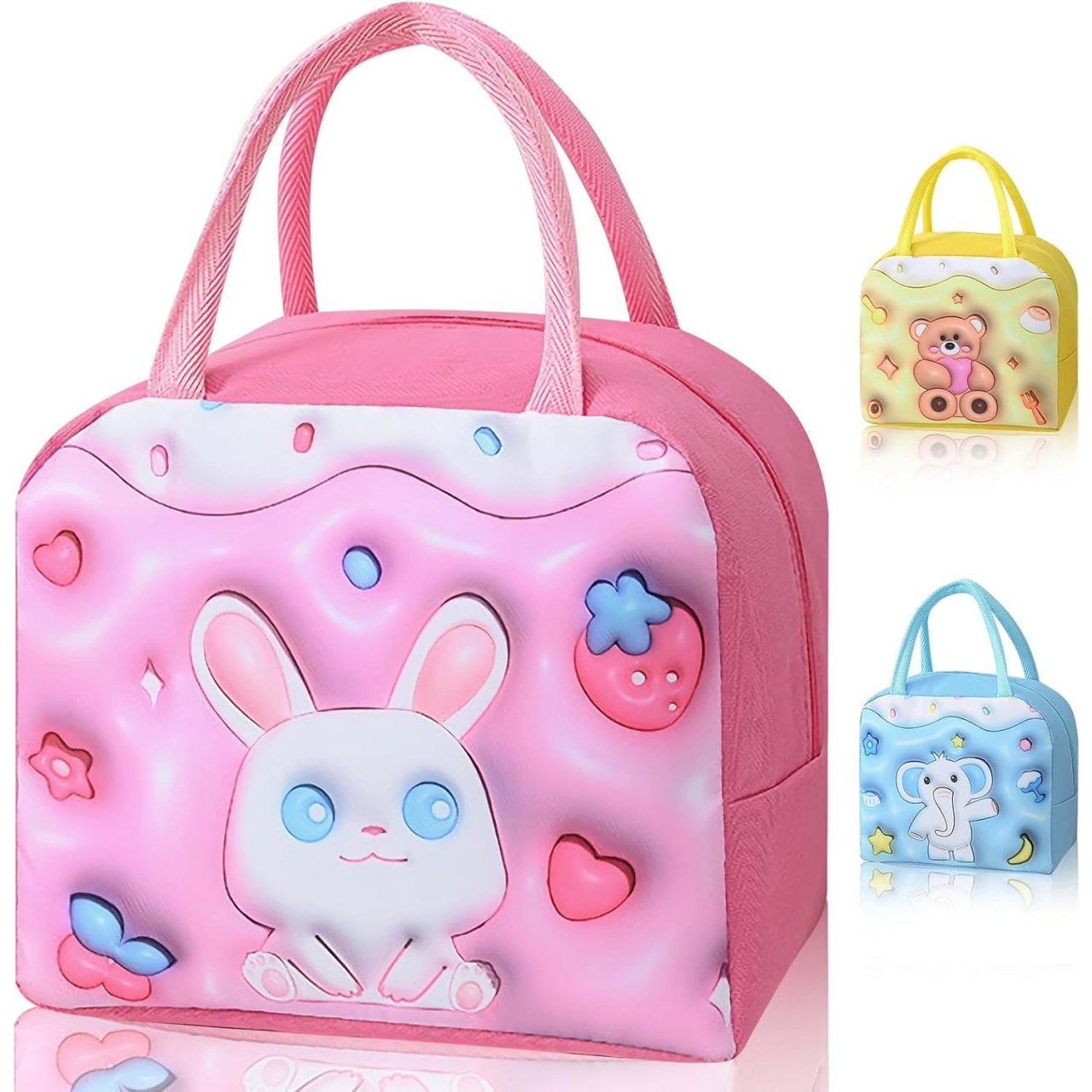Geantă Frigorifică, Flippy, cu Desene Animate 3D, Portabilă pentru Copii, de Prânz, din Pânză Oxford, 23x13x19 cm, Model Iepuras, Roz [8]