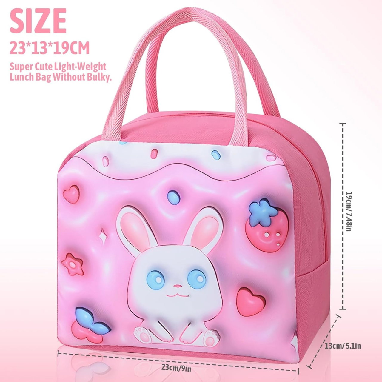 Geantă Frigorifică, Flippy, cu Desene Animate 3D, Portabilă pentru Copii, de Prânz, din Pânză Oxford, 23x13x19 cm, Model Iepuras, Roz [5]