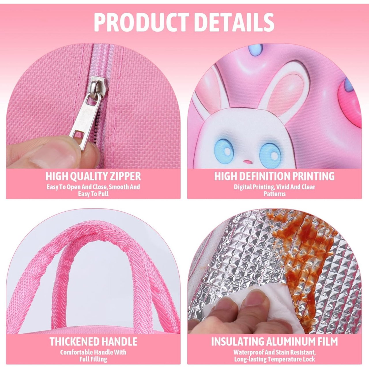 Geantă Frigorifică, Flippy, cu Desene Animate 3D, Portabilă pentru Copii, de Prânz, din Pânză Oxford, 23x13x19 cm, Model Iepuras, Roz [6]