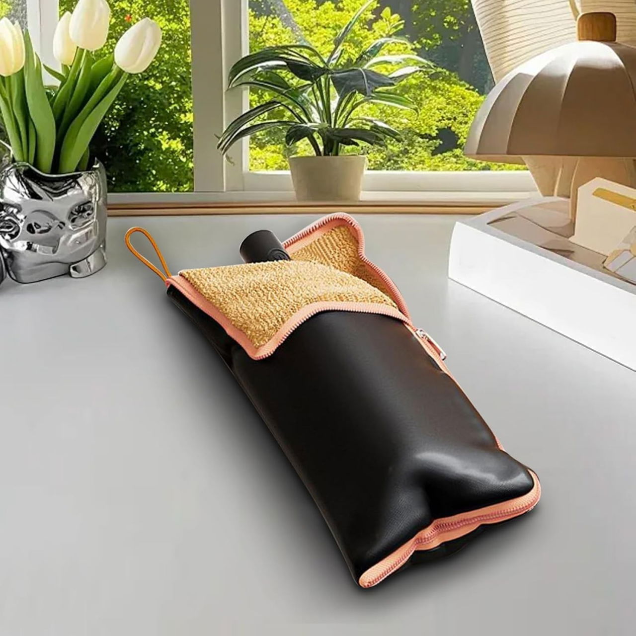 Husa Depozitare Umbrela, Flippy, Impermeabila, Interior Microfibra, cu Fermoar, 28 x 12 cm, Negru/Portocaliu [6]