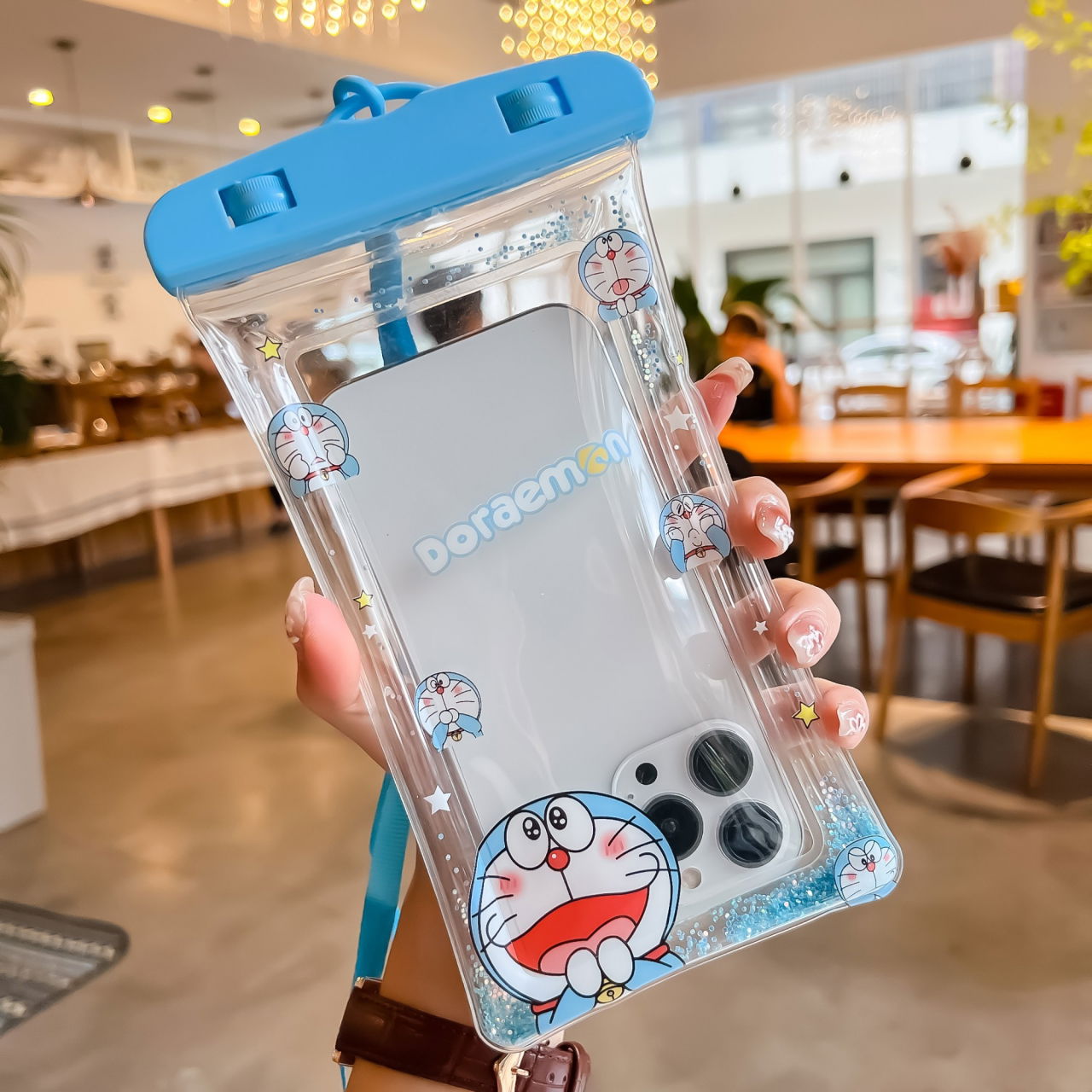 Husa subacvatica Glitter Kids Waterproof Flippy, Snowproof, Universala, cu Snur, pentru telefon sau documente, Cat, Bleu [2]