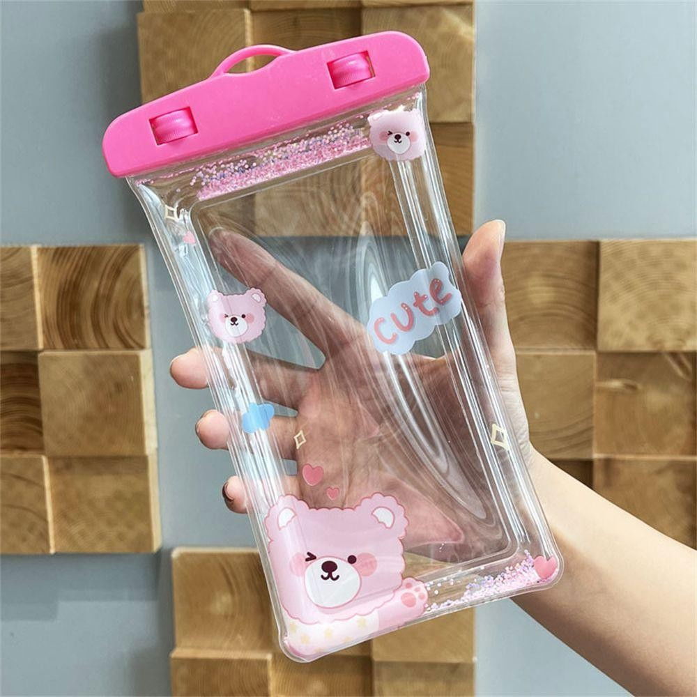 Husa subacvatica Glitter Kids Waterproof Flippy, Snowproof, Universala, cu Snur, pentru telefon sau documente, Cute Bear, Roz [3]