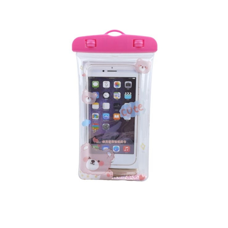 Husa subacvatica Glitter Kids Waterproof Flippy, Snowproof, Universala, cu Snur, pentru telefon sau documente, Cute Bear, Roz [1]