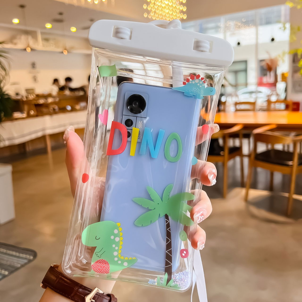 Husa subacvatica Glitter Kids Waterproof Flippy, Snowproof, Universala, cu Snur, pentru telefon sau documente, Dino, Alb [3]