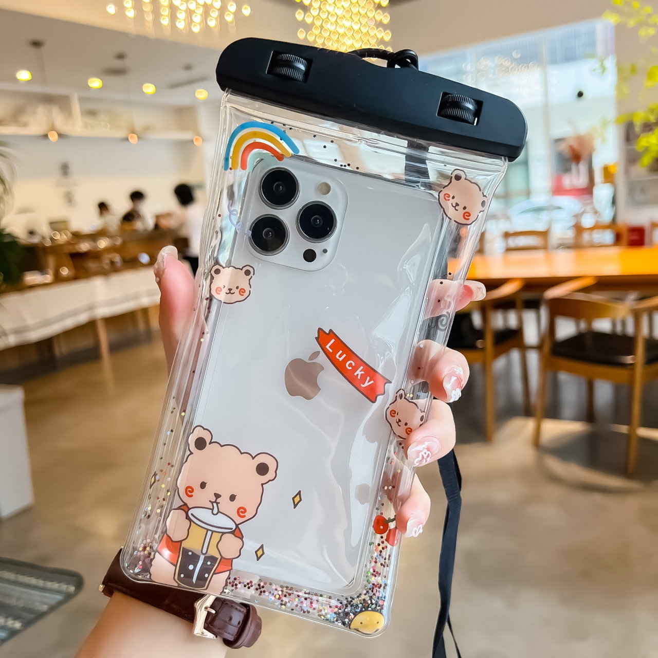 Husa subacvatica Glitter Kids Waterproof Flippy, Snowproof, Universala, cu Snur, pentru telefon sau documente, Lucky Bear, Negru [4]