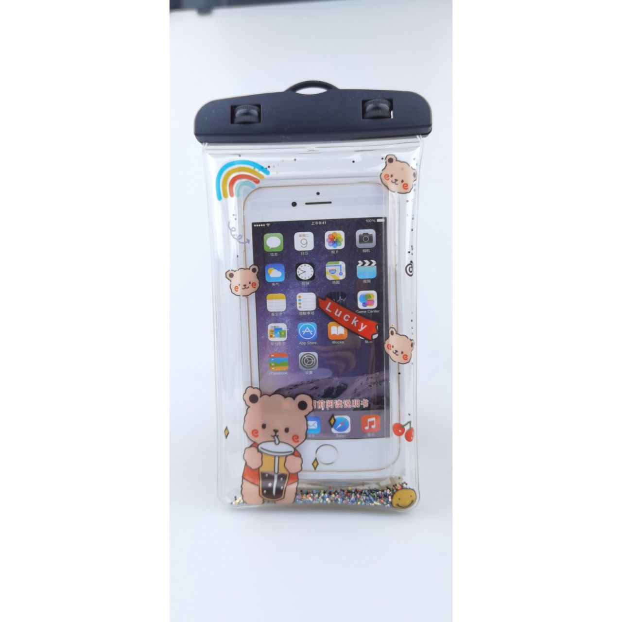 Husa subacvatica Glitter Kids Waterproof Flippy, Snowproof, Universala, cu Snur, pentru telefon sau documente, Lucky Bear, Negru [5]
