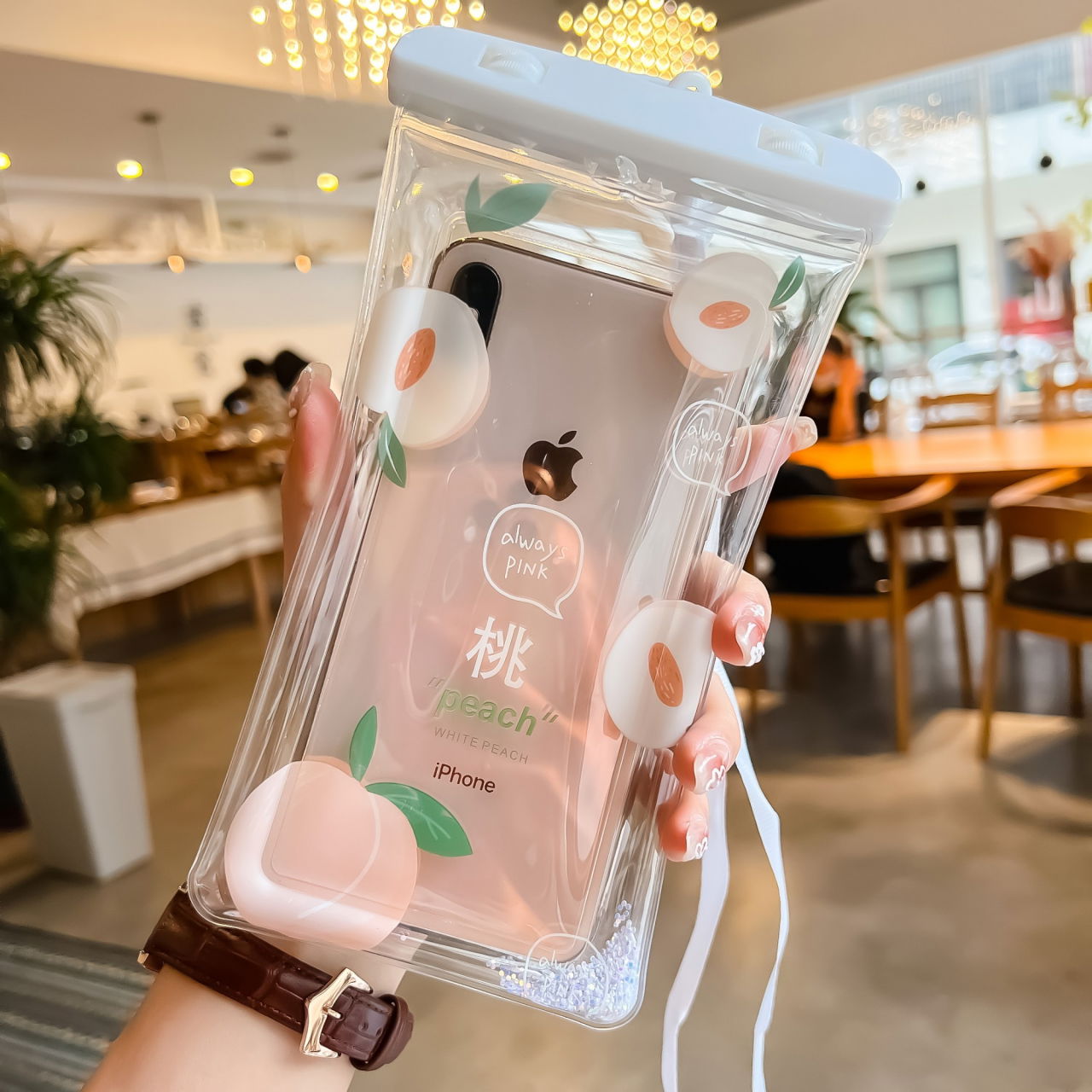 Husa subacvatica Glitter Kids Waterproof Flippy, Snowproof, Universala, cu Snur, pentru telefon sau documente, Peach, Alb [3]