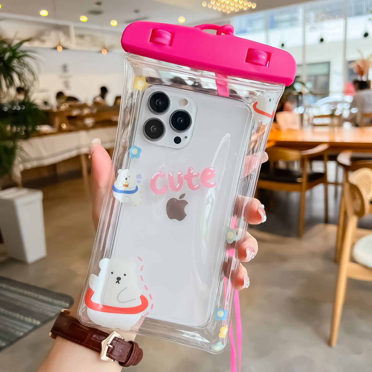 Husa subacvatica Kids Waterproof Flippy, Snowproof, Universala, cu Snur, pentru telefon sau documente, Bears, Roz [3]