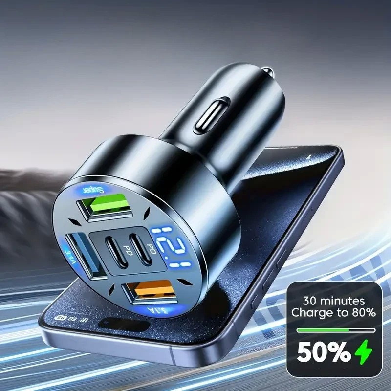 Incarcator Auto 5 in 1, Flippy, 3 x Port USB Fast Charge QC3.1 si 2 x Type C, PD 65W, Negru [8]