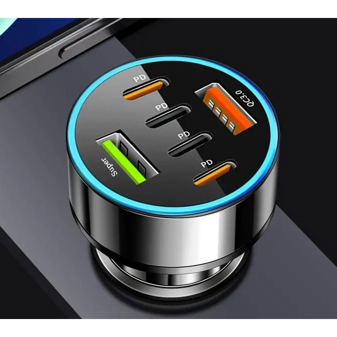 Incarcator Auto 6 in 1, Flippy, 2 x Port USB Fast Charge QC3.0 si 4 x Type C, PD 65W, Negru [3]