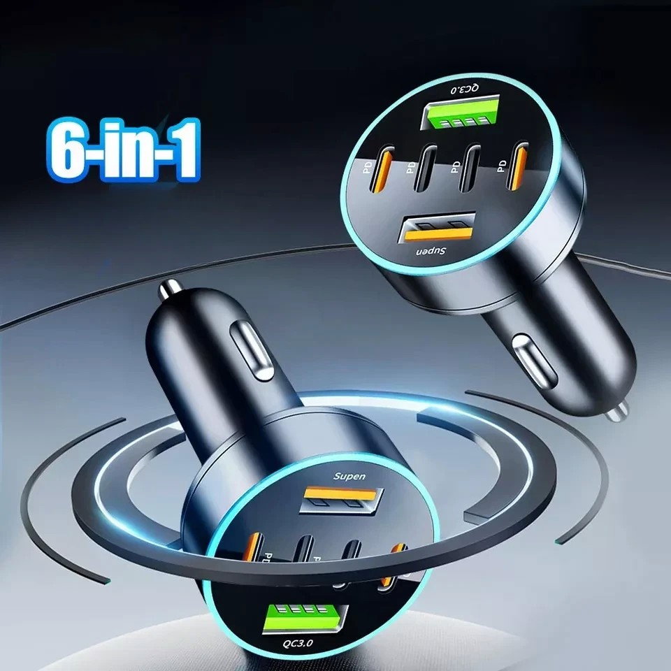 Incarcator Auto 6 in 1, Flippy, 2 x Port USB Fast Charge QC3.0 si 4 x Type C, PD 65W, Negru [4]