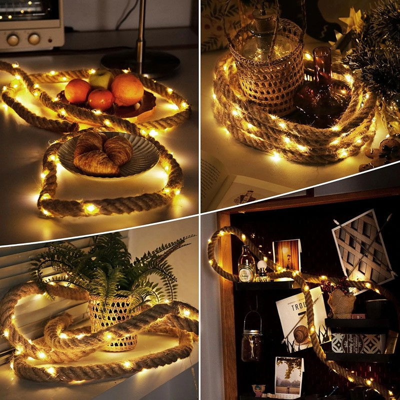 Instalatie Luminoasa, Flippy, cu Fir de Cupru, 2 m, 40 LED-uri, Model Sfoara de Canepa, cu Baterii, IP44, Alb Cald [4]