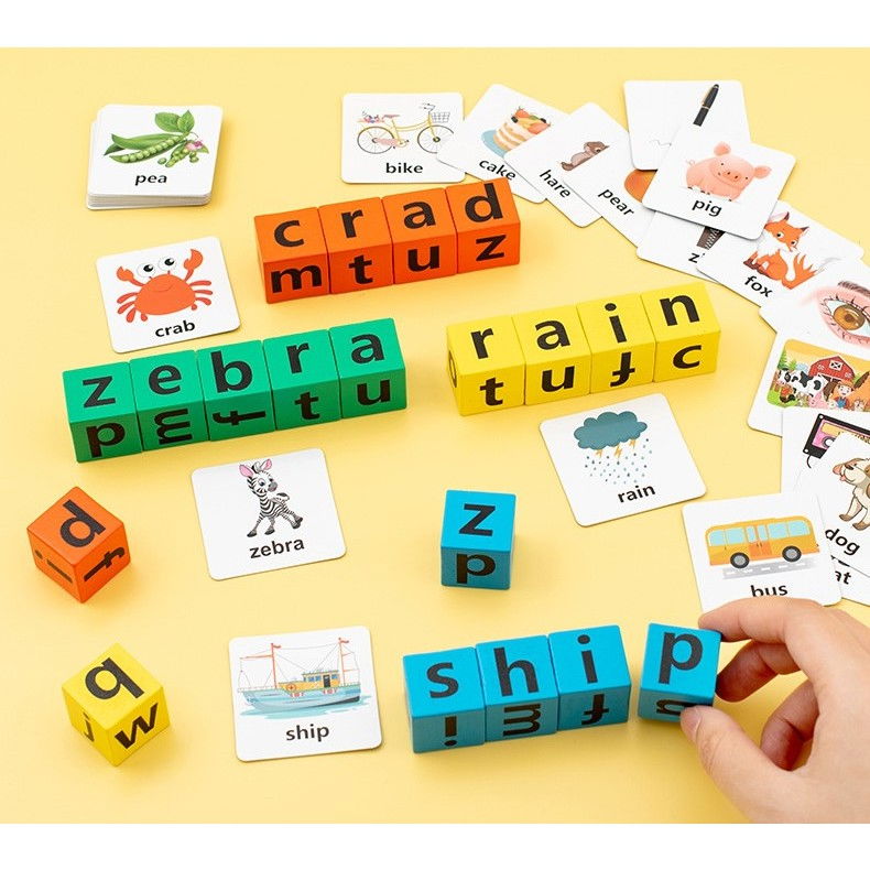 Joc cu Blocuri din Lemn, Flippy, Formare Cuvinte, Cartonase cu Obiecte si Animale, Clopotel, Joc pentru 4 Persoane, 3 Ani+, 28x15.5x5 cm, Multicolor [15]