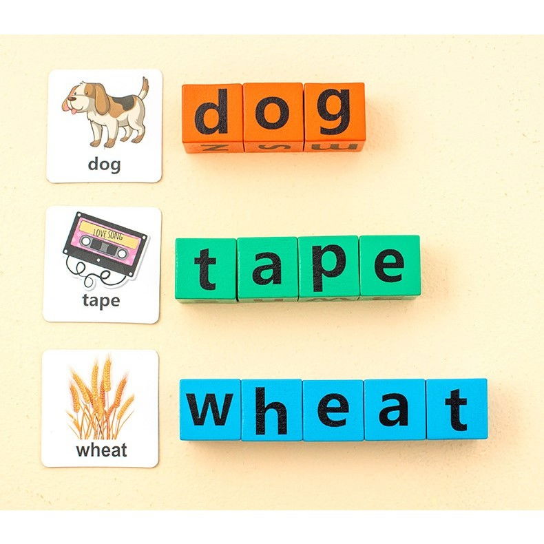 Joc cu Blocuri din Lemn, Flippy, Formare Cuvinte, Cartonase cu Obiecte si Animale, Clopotel, Joc pentru 4 Persoane, 3 Ani+, 28x15.5x5 cm, Multicolor [12]