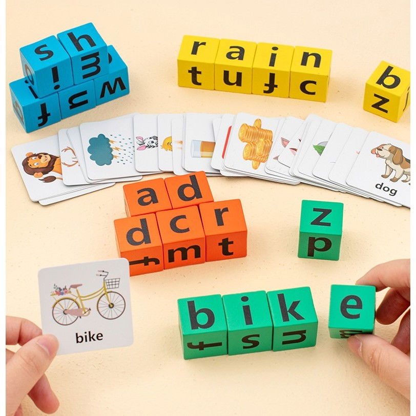 Joc cu Blocuri din Lemn, Flippy, Formare Cuvinte, Cartonase cu Obiecte si Animale, Clopotel, Joc pentru 4 Persoane, 3 Ani+, 28x15.5x5 cm, Multicolor [11]