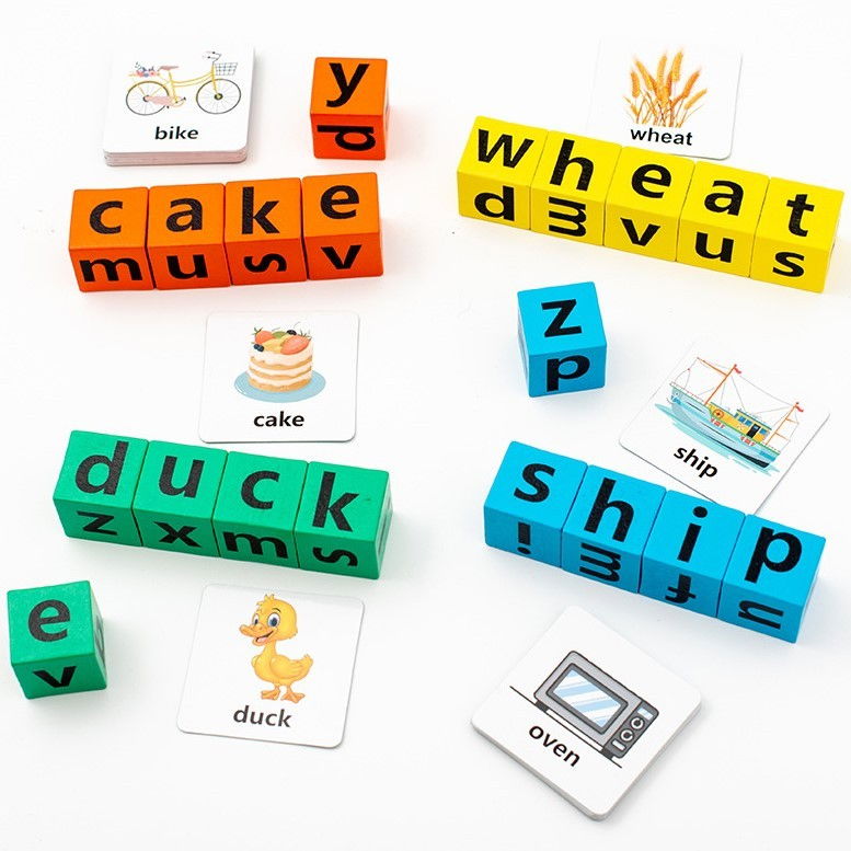 Joc cu Blocuri din Lemn, Flippy, Formare Cuvinte, Cartonase cu Obiecte si Animale, Clopotel, Joc pentru 4 Persoane, 3 Ani+, 28x15.5x5 cm, Multicolor [17]