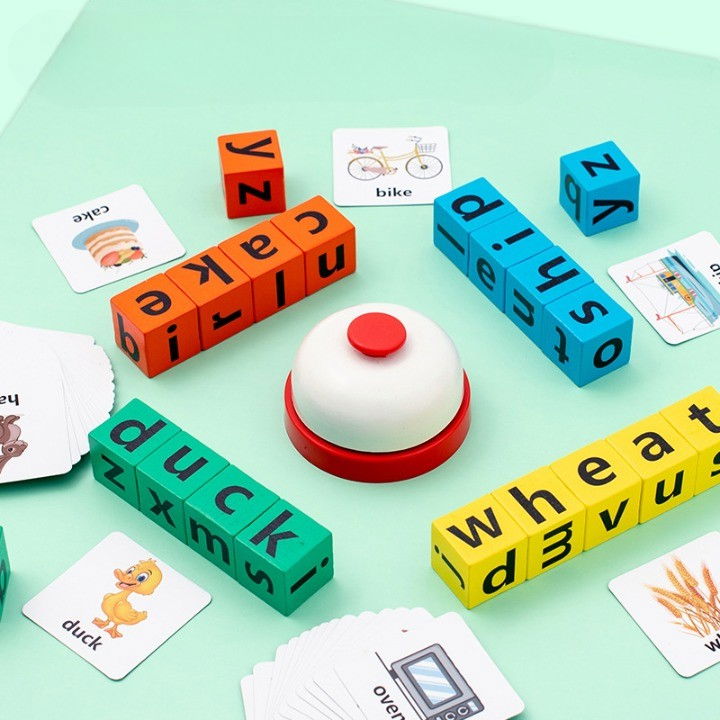 Joc cu Blocuri din Lemn, Flippy, Formare Cuvinte, Cartonase cu Obiecte si Animale, Clopotel, Joc pentru 4 Persoane, 3 Ani+, 28x15.5x5 cm, Multicolor [7]
