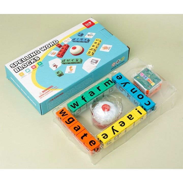 Joc cu Blocuri din Lemn, Flippy, Formare Cuvinte, Cartonase cu Obiecte si Animale, Clopotel, Joc pentru 4 Persoane, 3 Ani+, 28x15.5x5 cm, Multicolor [3]